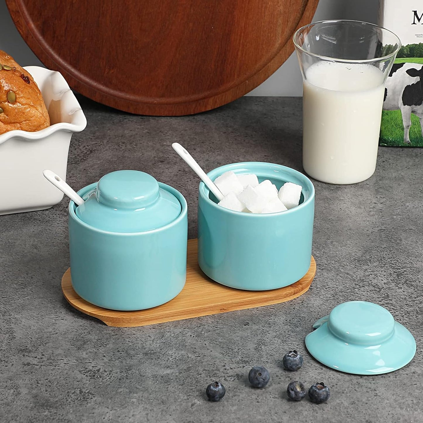 ONTUBE Ceramic Sugar Bowl with Lid and Spoon Set of 2,Porcelain Seasoning Box Salt Bowl with Tray,8oz (Turquoise Blue)