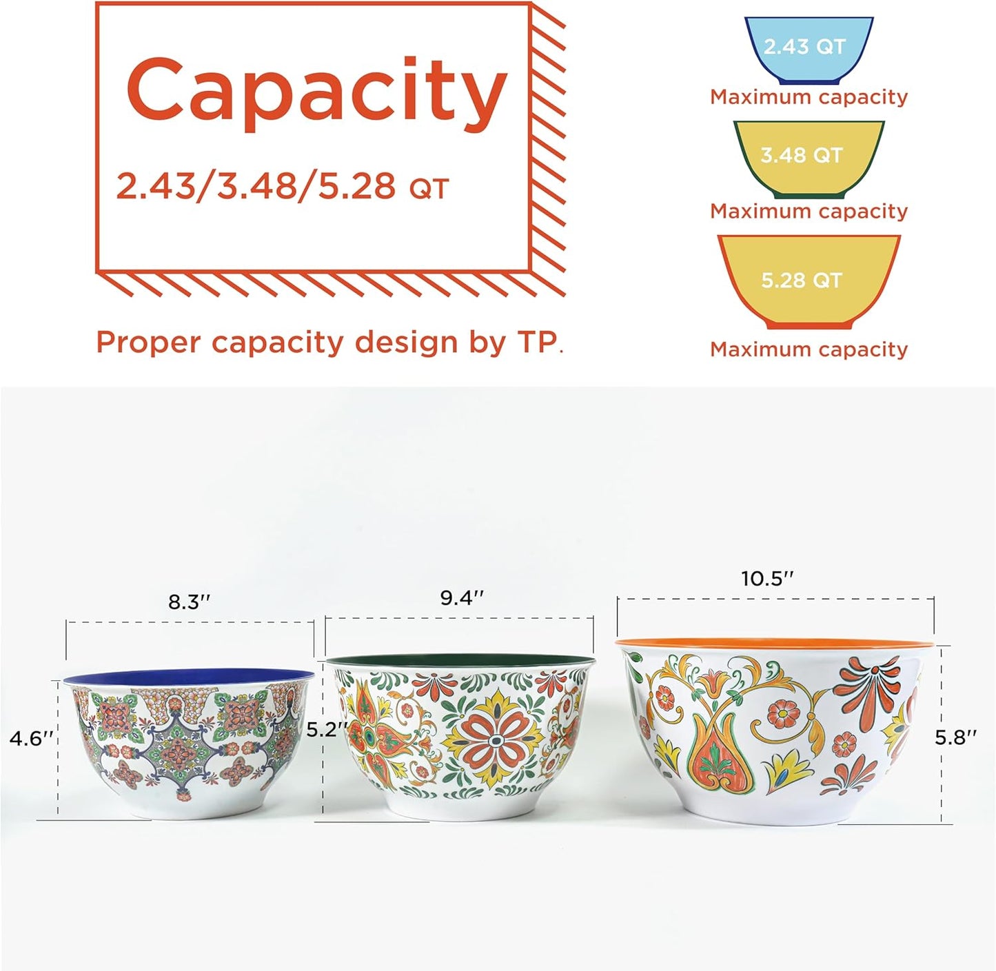 TP Large Mixing Bowl Set with Lids, Melamine Nesting Bowls Set for Pasta Baking Salad Mixing, Set of 3, Aztec Bloom
