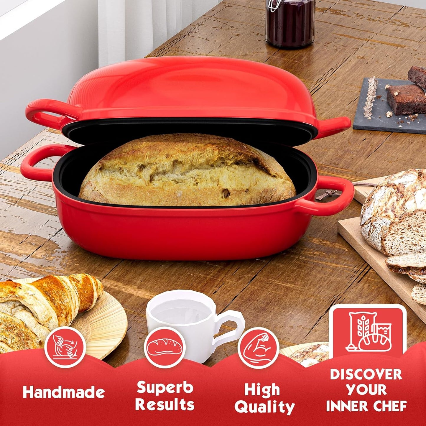 Dutch Oven for Bread Baking - 2.5QT Bread Pans for Homemade Bread Cast Iron Bread Pan Dutch Oven Loaf Pan with Lid and Loop Handles for Homemade Breadmaking, Red