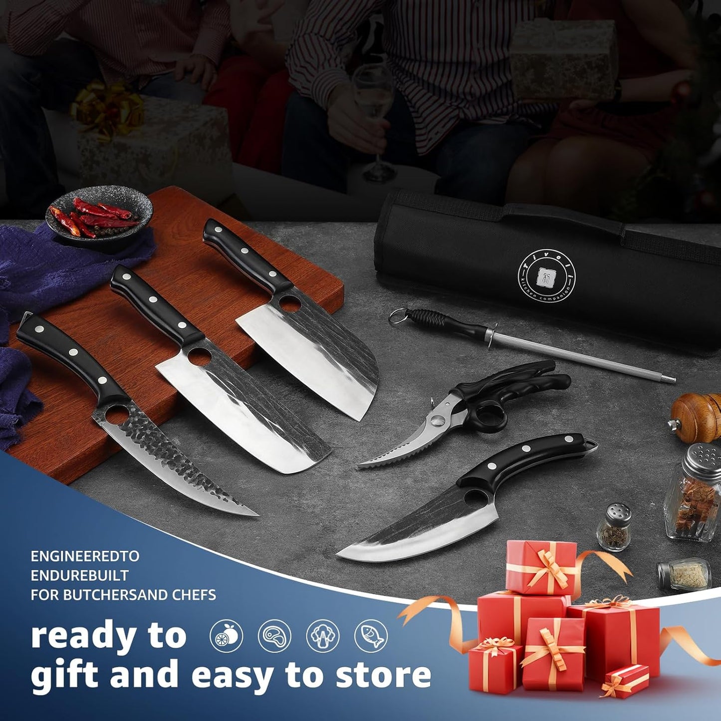 TIVOLI Professional Butcher Knife Set for Meat Processing, 7Pcs High Carbon Steel Hand Forged BBQ Knife Sets, Serbian Chef Knife Set with Ergonomic Handle for Kitchen Outdoor Cooking Father's Day Gift