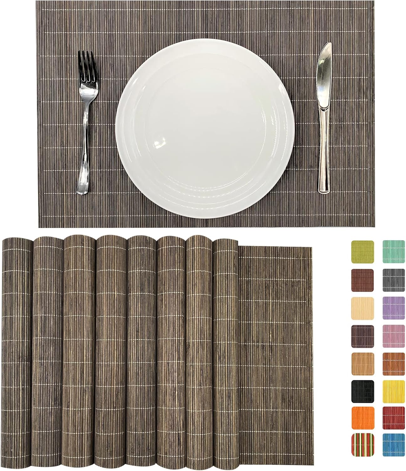 ANDSTAR Set of 8 Pcs Bamboo Placemats Natural Anti-Slip Bamboo Placemats Washable Heat-Resistant Table Mats for Dining Room and Kitchen（Light Brown）