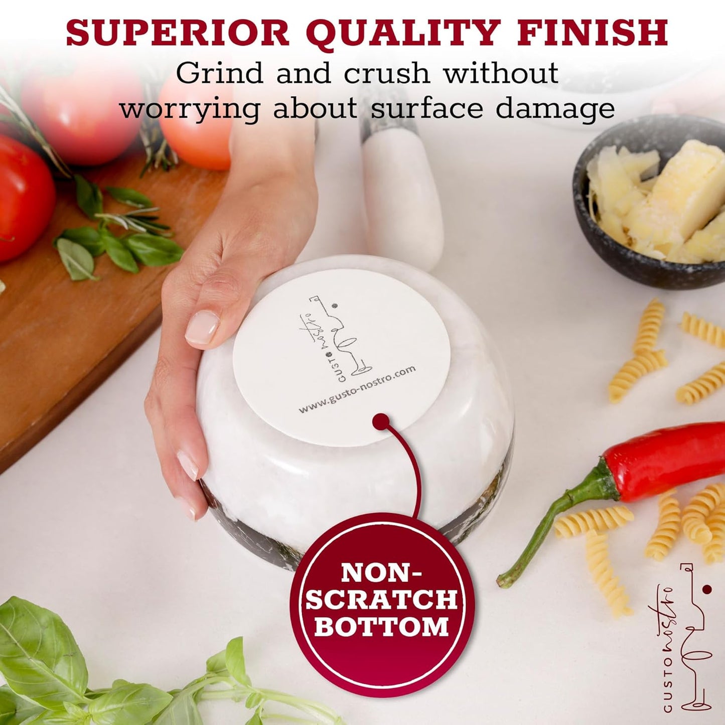 Gusto Nostro Natural Marble Mortar and Pestle Set | 5 Inch - 2.5 Cup Large Mortar Pestle Set for Grinding Herbs, Nuts, Grains | Pesto Grinding and Guacamole Stone Bowl | Marble Spice Crusher