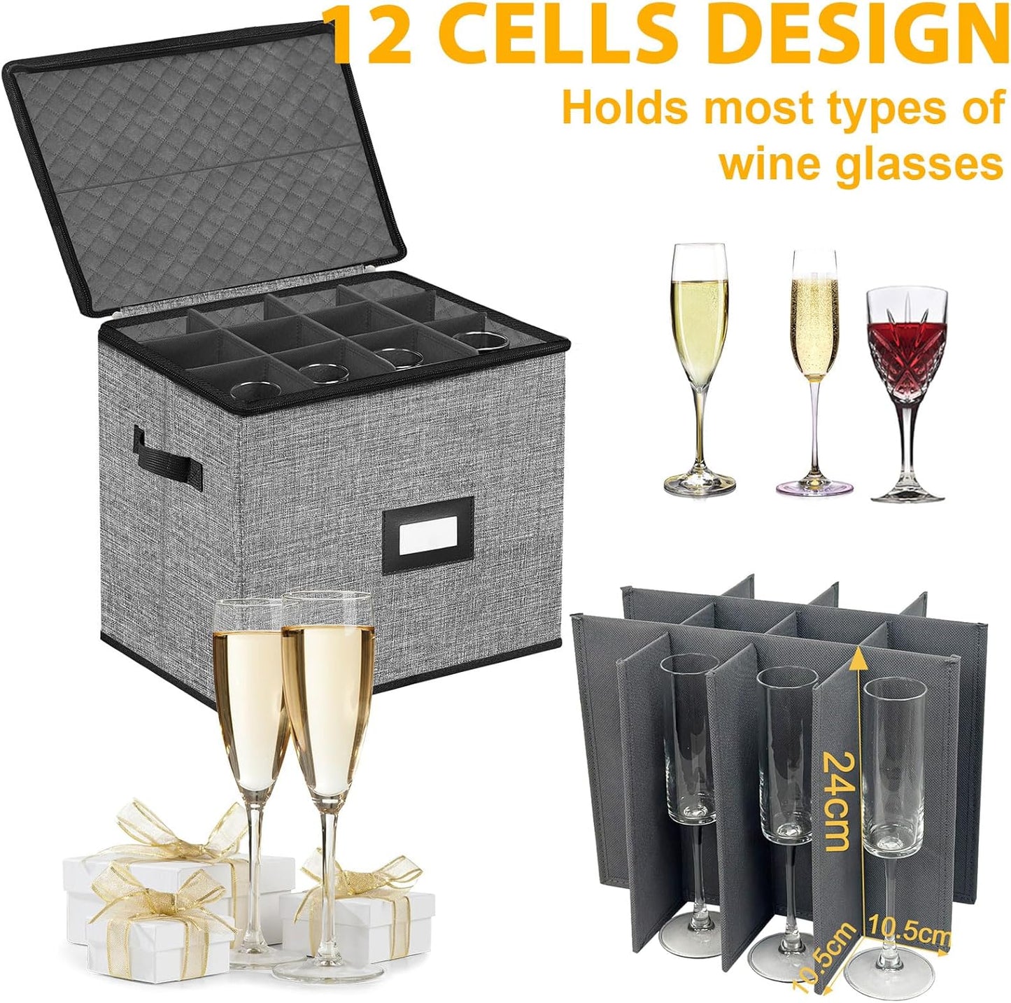 Champagne Flute Storage Box,Quilted Stemware Storage Box Hard Shell,Stackable Champagne Glass Container,Wine Glass, Crystal Glassware, Drinkware Case for Moving Transport(Grey)