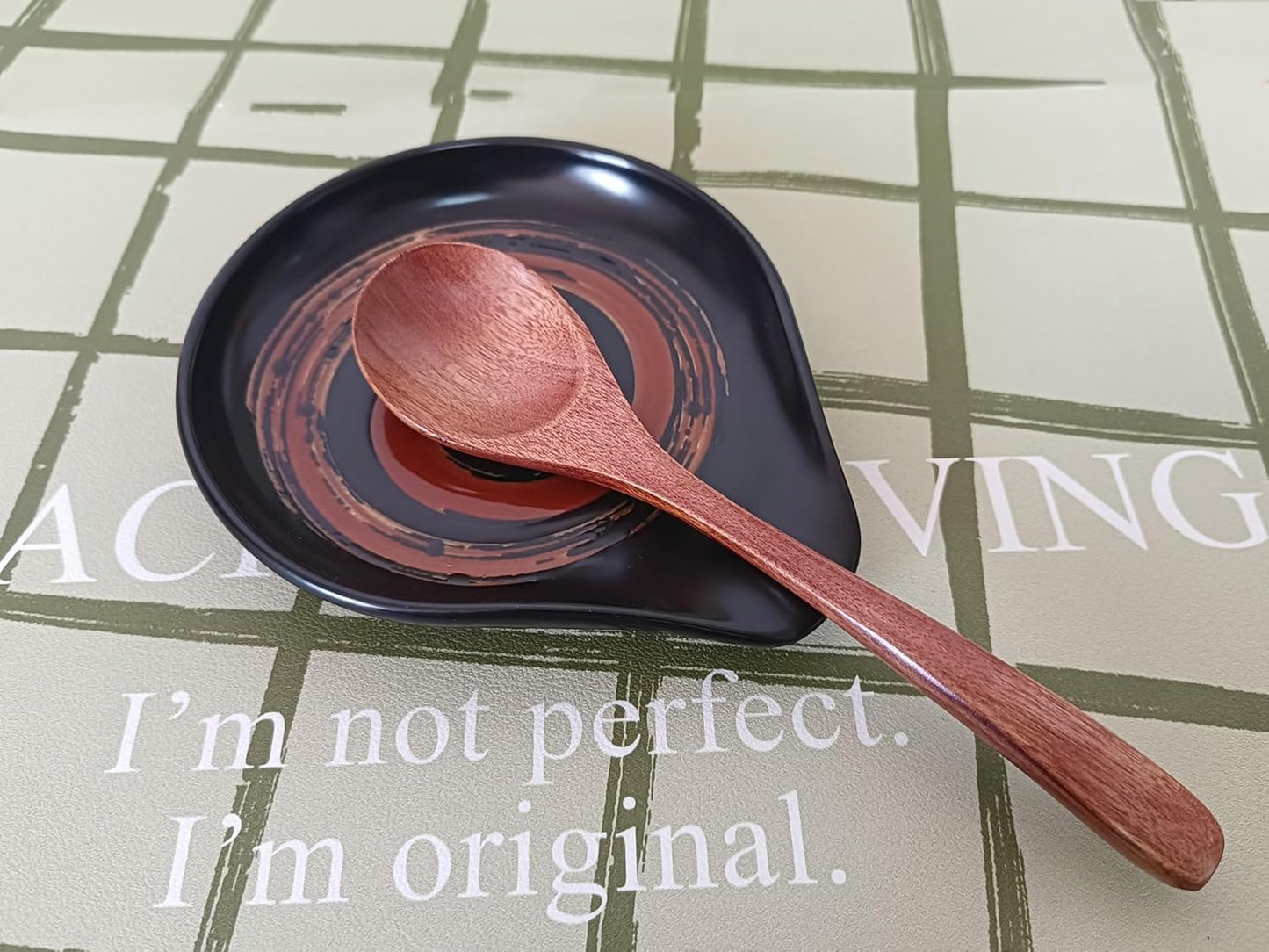 Ceramic Spoon Rest for Stove Top, Hand Painted Brown Swirl Spoon Rest for Kitchen Counter, Retro Cooking Spoon Holder for Kitchen Counter, Utensil Rest for Spatula Ladle or Tong (Matte Black)