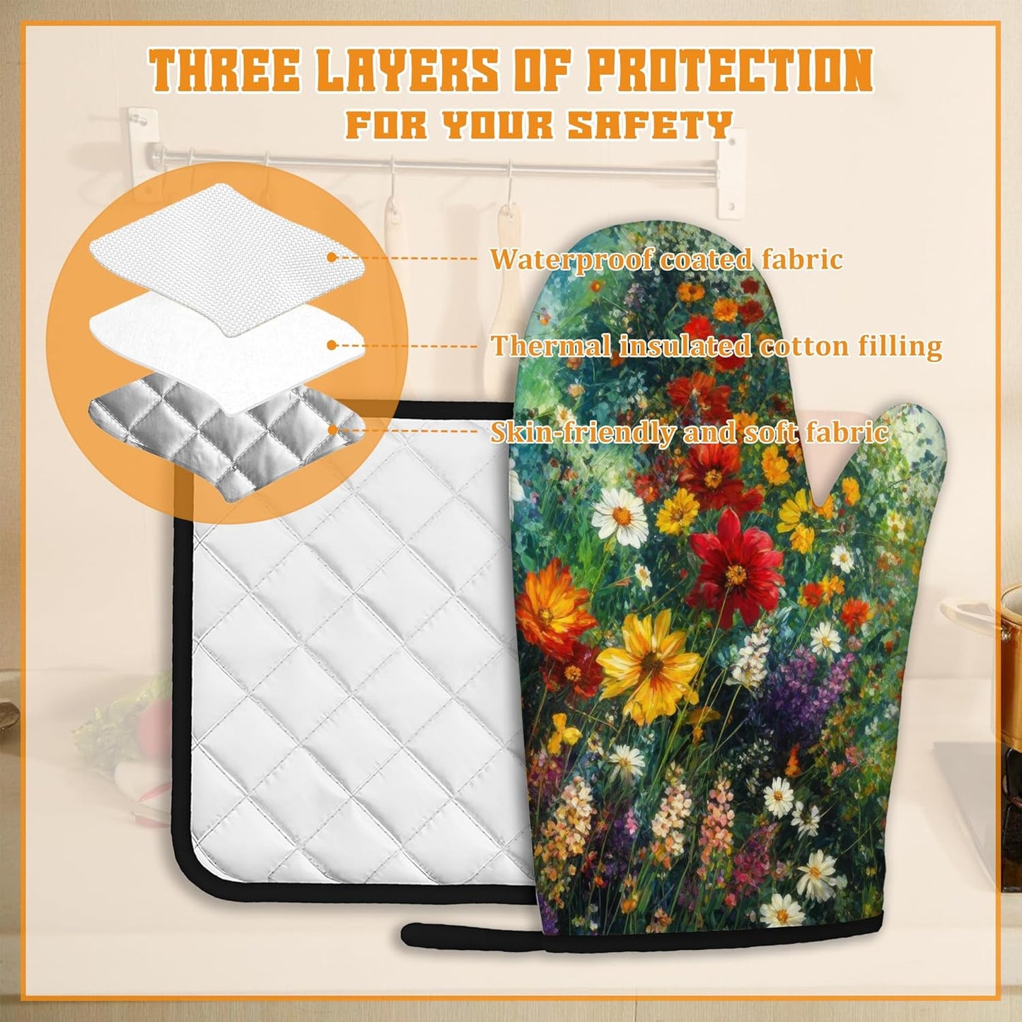 Vintage Flower Fields Oven Mitts and Pot Holders,Heat Resistant Oven Mitts Gloves and Pot Holder for Home Kitchen Decorations Cooking Baking BBQ Gifts,Set of 4