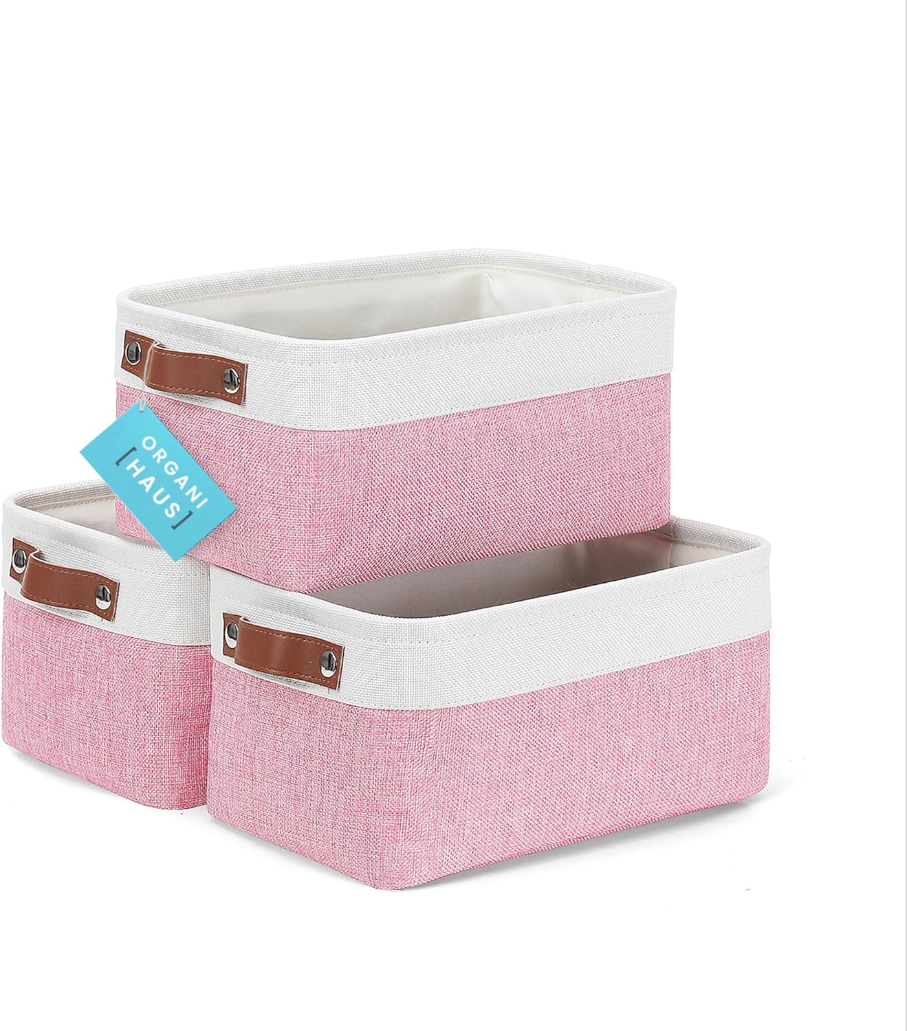 OrganiHaus Small Fabric Storage Baskets for Shelves 3 Pack, 12x8in Closet Storage Bins for Shelves, Cloth Baskets for Organizing, Linen Closet Organizers, Fabric Basket, Pink/White