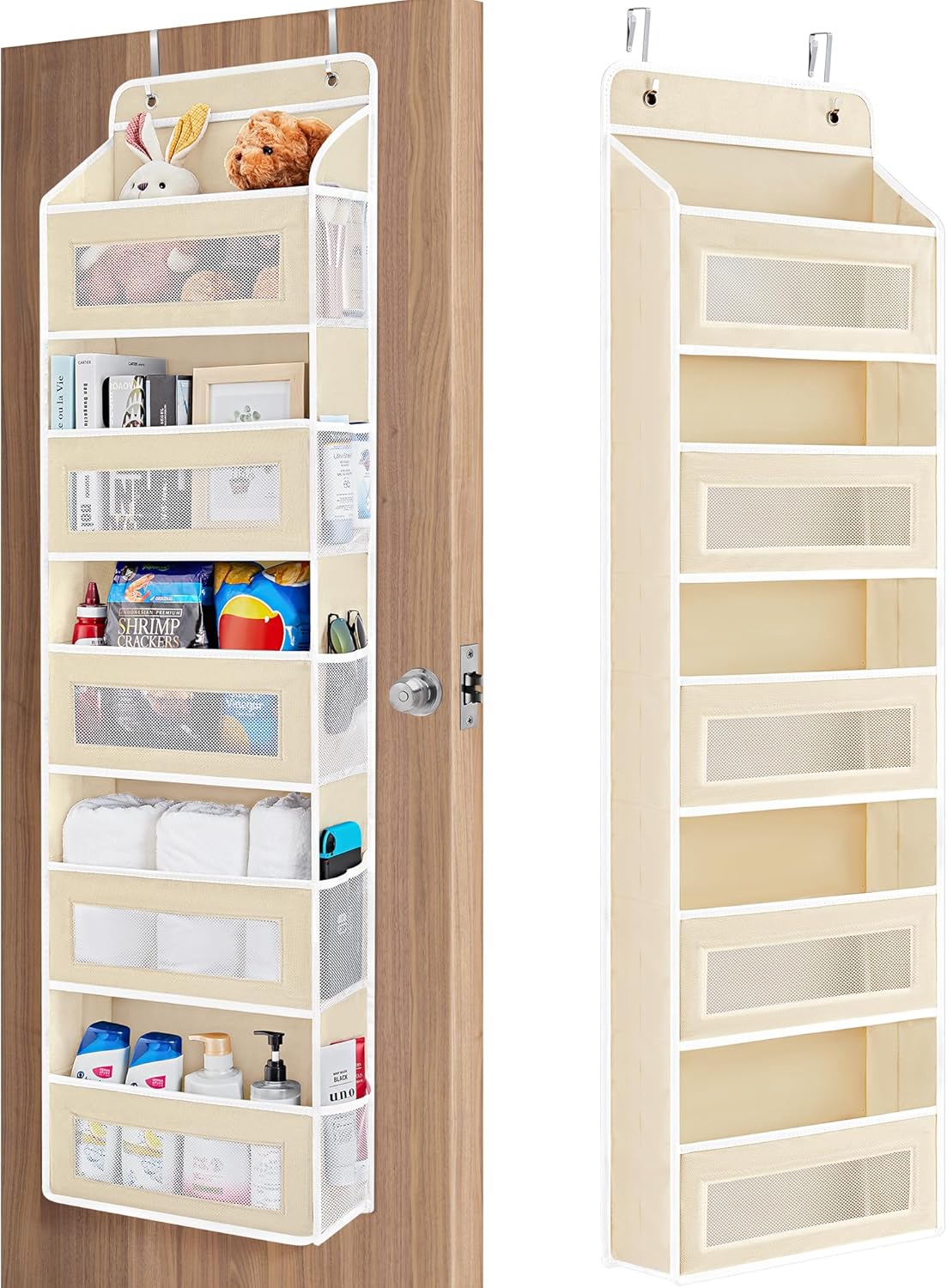 JARLINK Over The Door Organizer Storage, 5 Shelf Hanging Door Organizer with 5 Large Capacity Pockets, Anti Tilt 44 lb Load Behind Door Storage for Bedroom, Bathroom, Pantry, Nursery, (Beige)