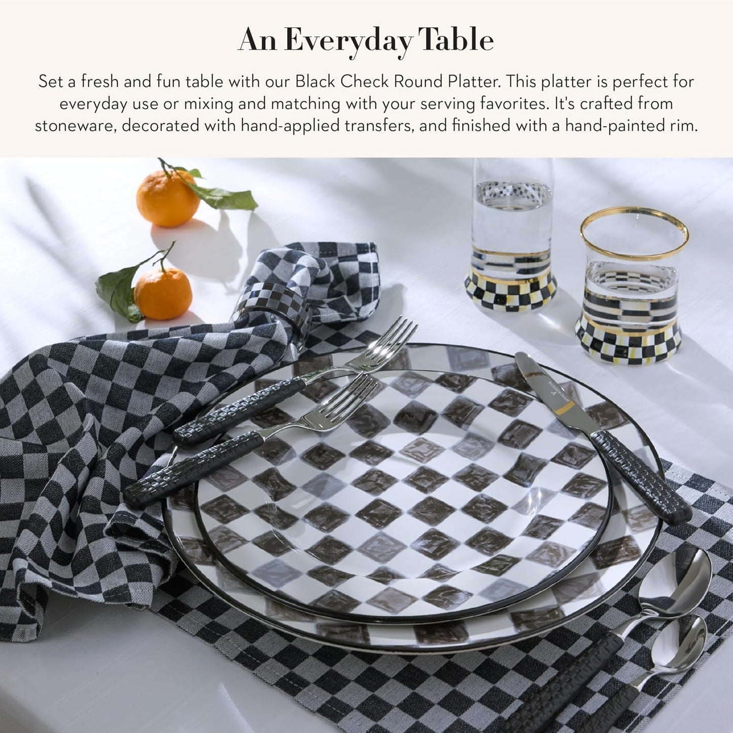 MACKENZIE-CHILDS Round Platter, Dishwasher-Safe and Microwave-Safe Stoneware Serving Platter, Black Check