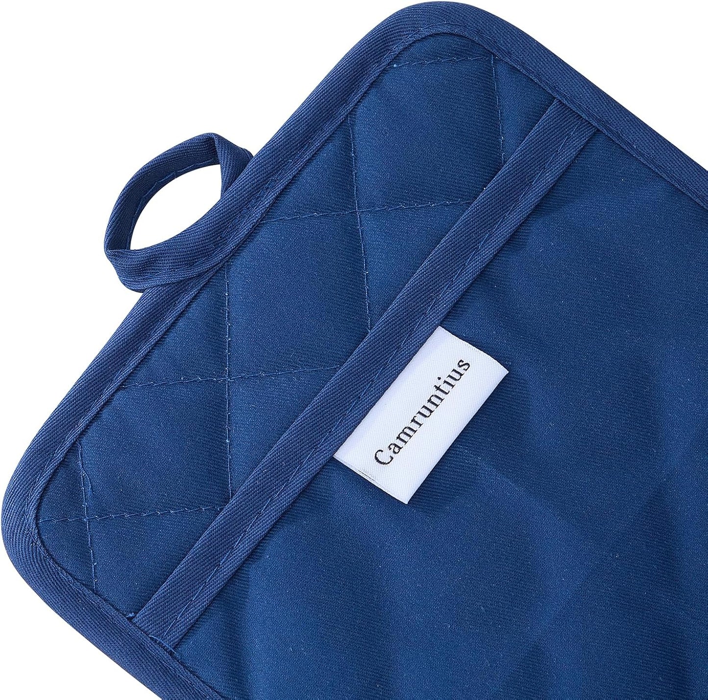 Kitchen Pot Holders, 7"x9", Rectangular with Pocket, Cotton and Neoprene Heat-Resistant Potholders for Cooking and Baking, Machine Washable, 3-Piece Set (Navy Blue)