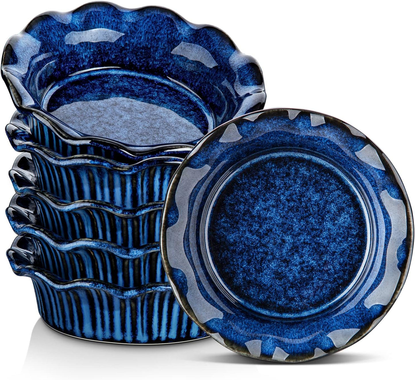 vancasso Mini Pie Pans Set of 6, 5.2 Inch Ceramic Deep Dish Pie Plates with Ruffled Edge for Baking, Microwave & Oven Safe, Blue