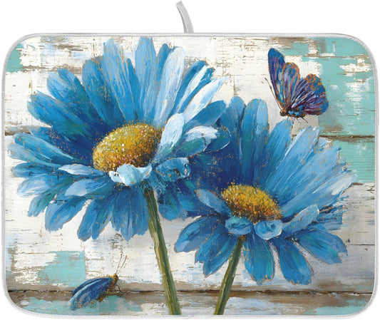 Rustic Daisy Blue on Vintage Wooden Dish Drying Mat for Kitchen Counter Absorbent Microfiber Large Drying Pad Dish mats for Kitchen Countertops 18 x 24 Inch