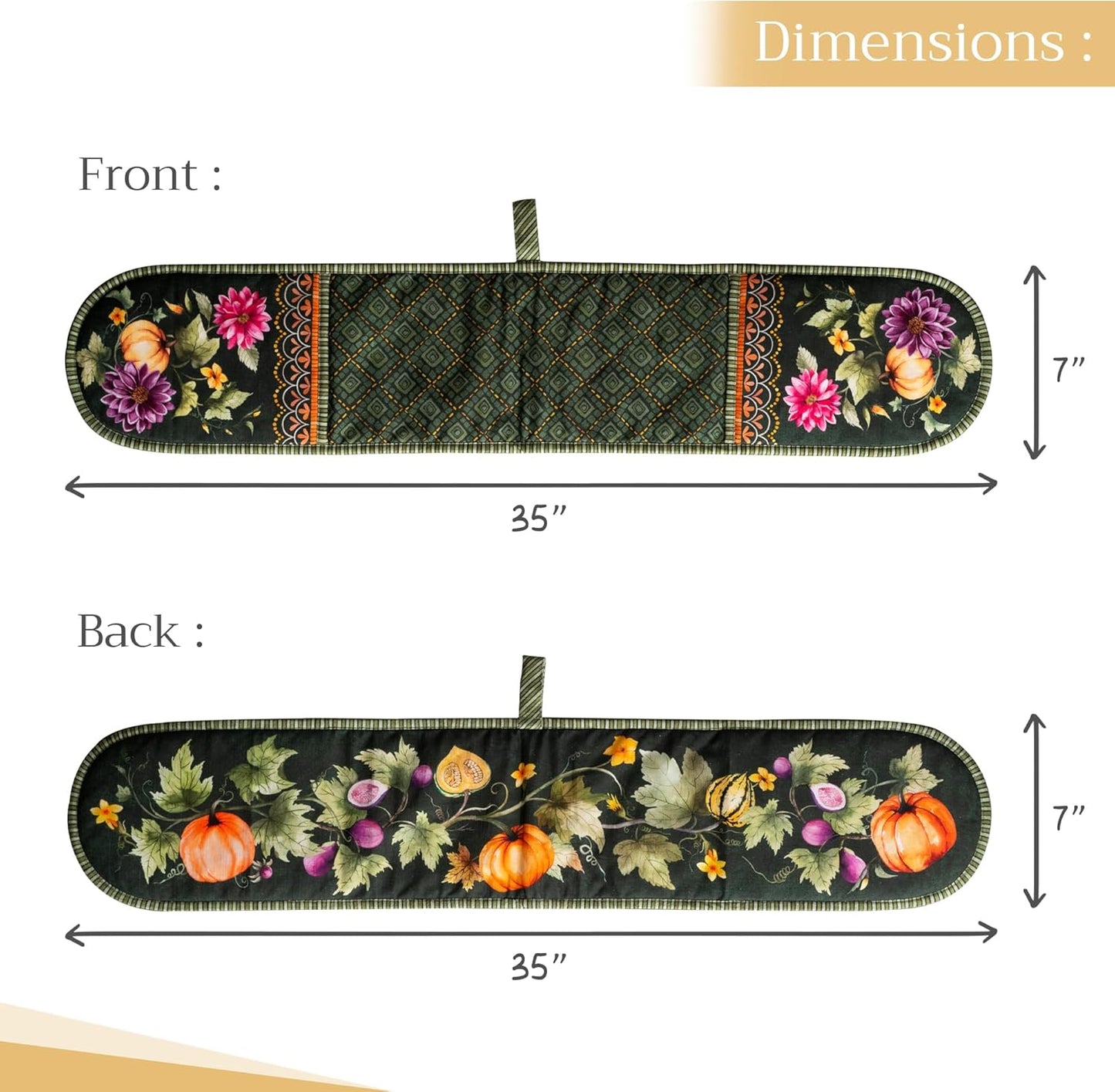 Maison d' Hermine Double Oven Mitts 100% Cotton 7"x35" Double Oven Mitt Heat Resistant BBQ Cooking Gloves with Loop, Baking, Grilling, Home, Kitchen, Handling Hot Pans (Pumpkin Garden - Dark Green)