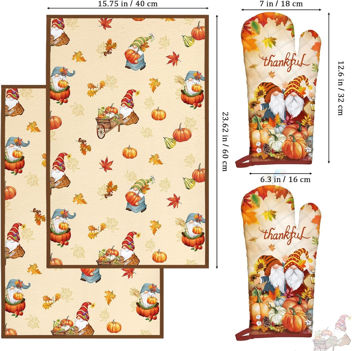 Fall Thanksgiving Gnome Kitchen Towels and Oven Mitts Set 4Pcs, Soft Absorbent Dish Cloth Heat Resistant Oven Gloves for Cooking Baking Kitchen Decoration, Gifts for Her