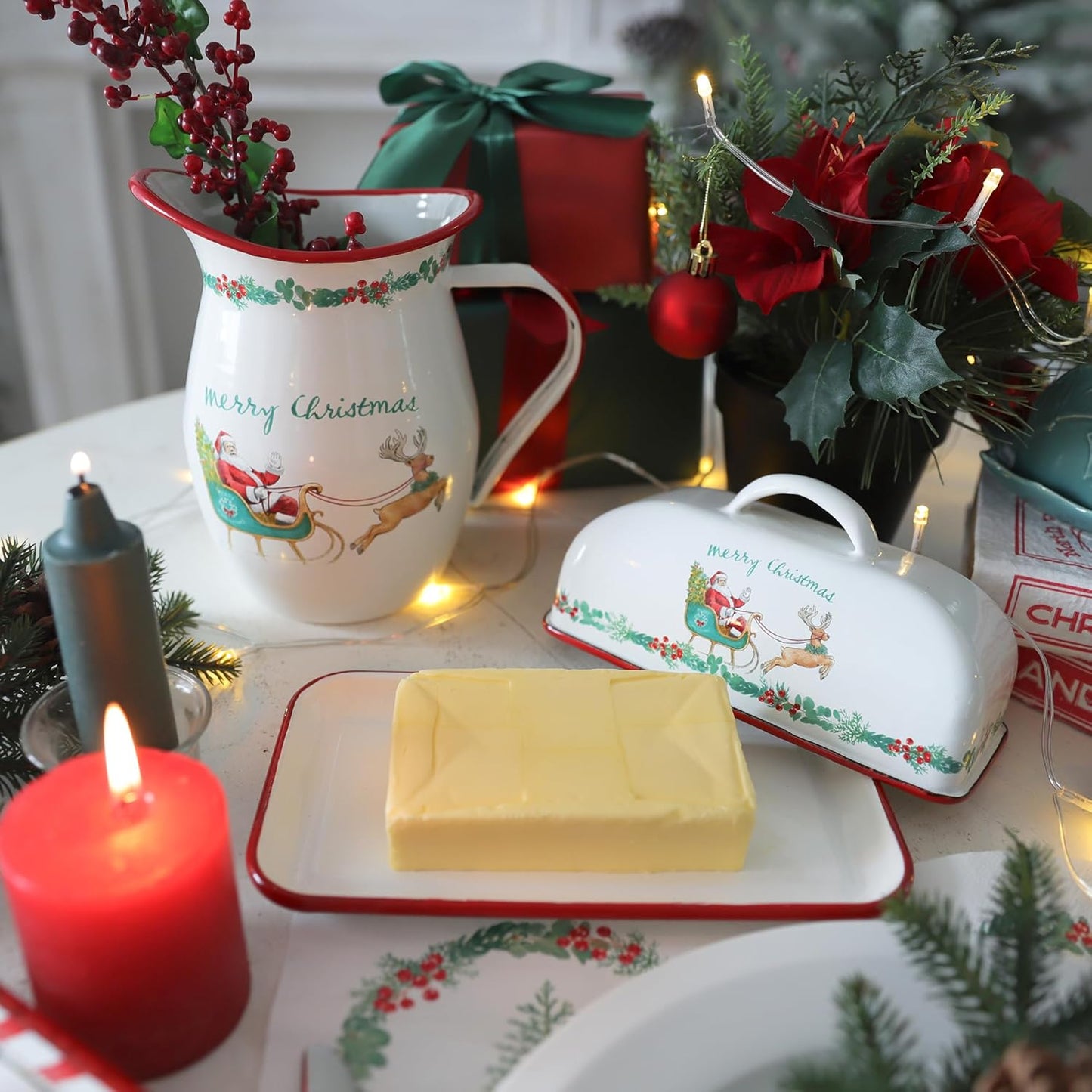 Enamel Butter Dish with Lid Vintage Enamelware Butter Keeper with Flower and Bird Patterns Farmhouse Butter Container Butter holder for Countertop Kitchen Decor