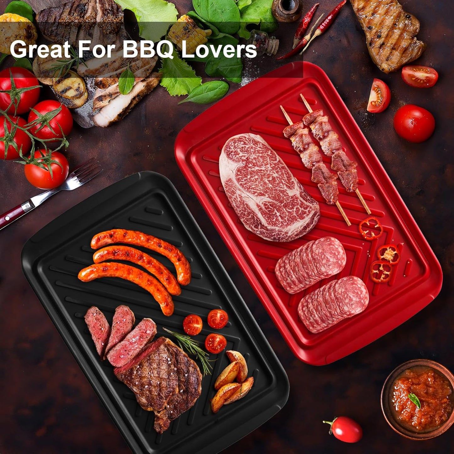 LEHAHA Grilling Prep Trays, Melamine BBQ Prep and Serving Platters and Tray for Outdoor Entertaining, Large Food Serving Trays, Set of 2, 17.2" x 10.5",Great for Grilling Lovers,Black and Red