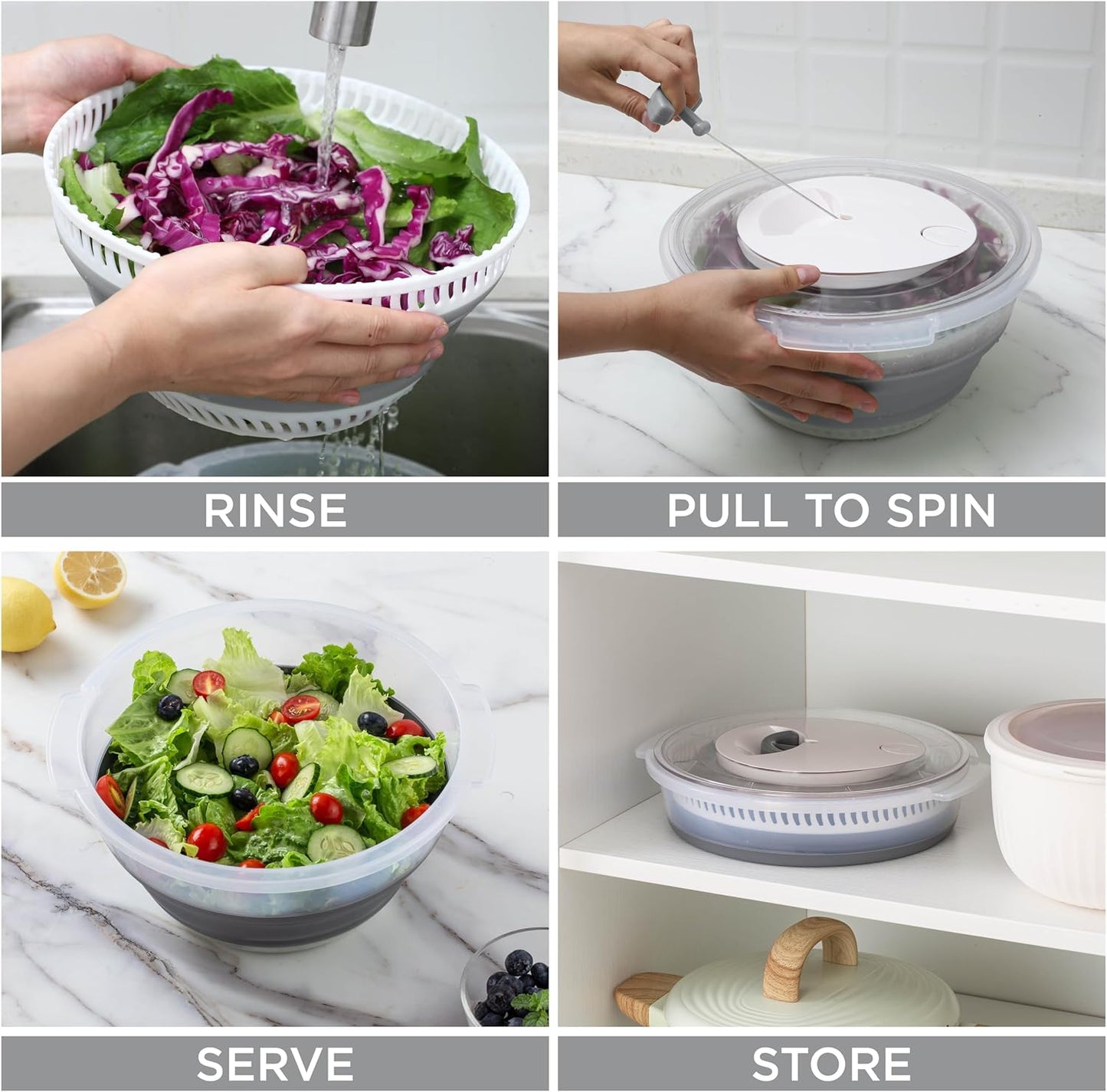 COOK WITH COLOR Collapsible Salad Spinner - 4 QT Space Saving Lettuce Dryer with Folding Collapsible Colander Great for Washing and Drying Fruit and Vegetables (Grey)