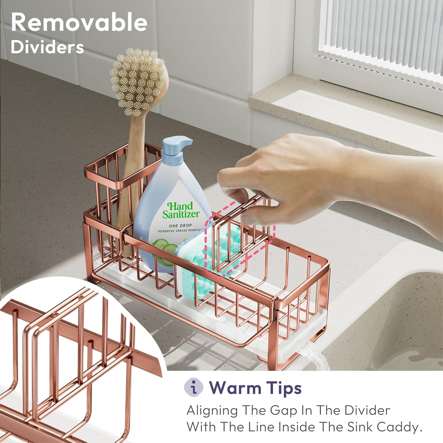 SWTYMIKI Sponge Holder for Kitchen Sink - Sink Caddy with Brush Holder Self-draining Sponge Caddy Organizer with Divider Stainless Steel Kitchen Accessories Storage for Countertop, Rose Gold