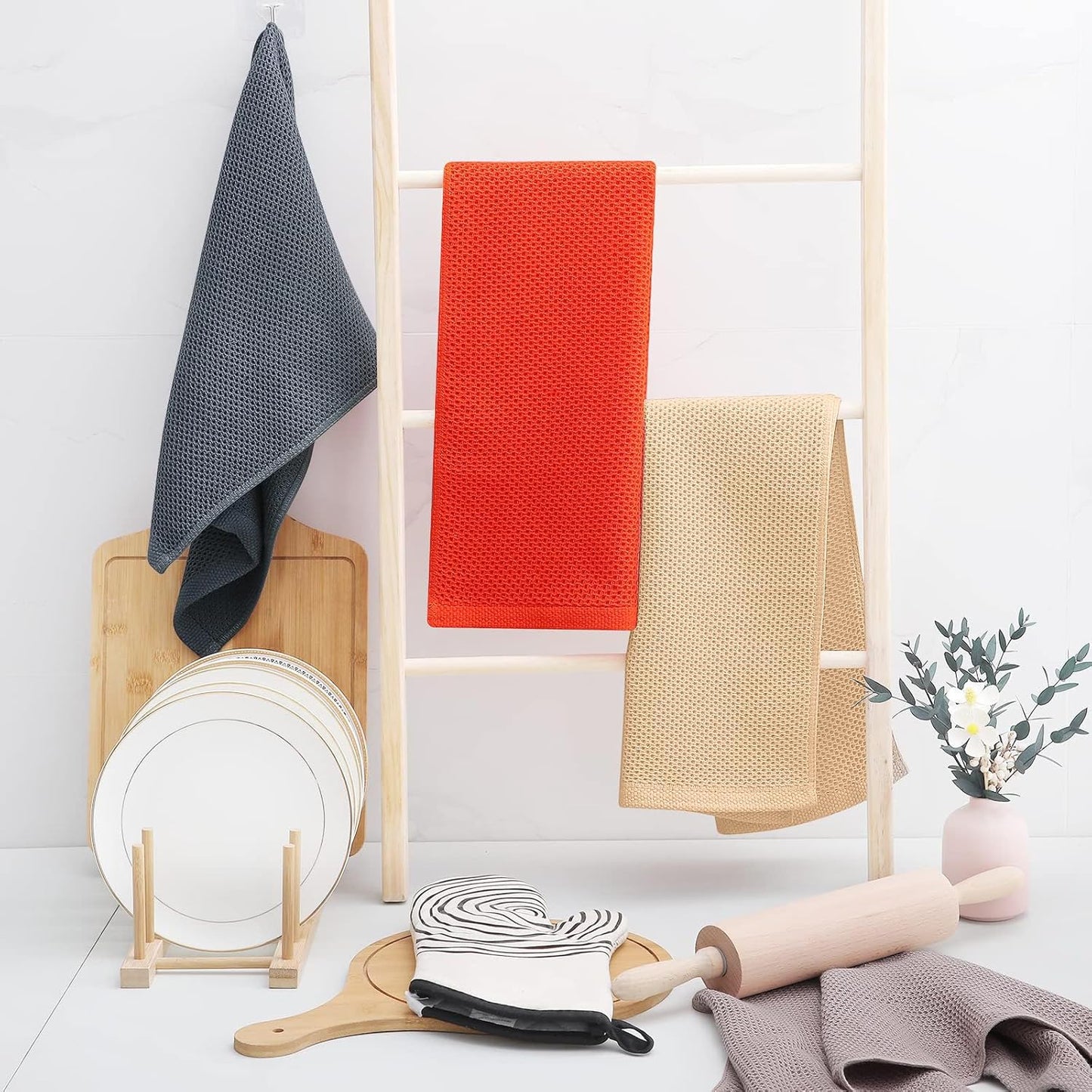 Homaxy 100% Cotton Waffle Weave Kitchen Dish Towels, Ultra Soft Absorbent Quick Drying Cleaning Towel, 13 x 28 Inches, 12-Pack, Apricot