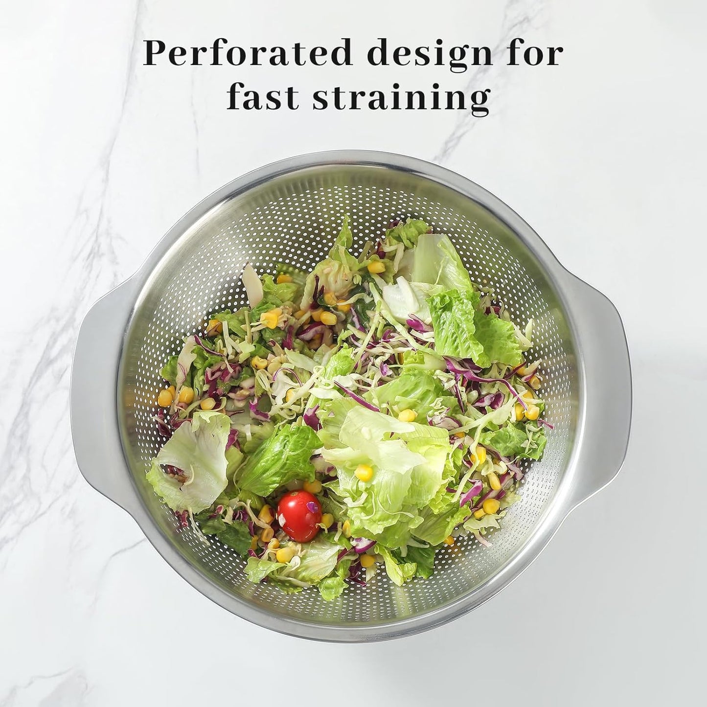 18/8 Stainless Steel Microwell Colander, 2.5QT Large Capacity with Handle Kitchen Food Strainer Basket for Washing Vegetables, Fruits, Rice, and Pasta (primary colour, 2.5QT)