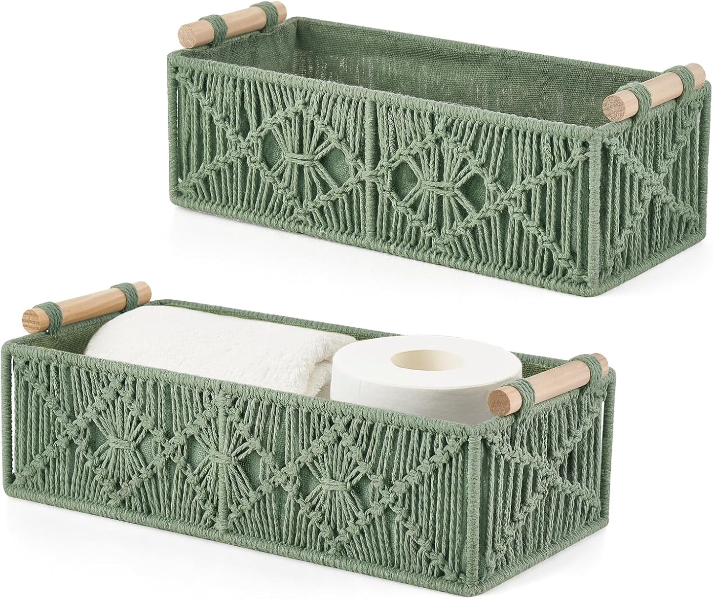 Mkono Macrame Storage Baskets Boho Decor Box Handmade Woven Decorative Countertop Toilet Tank Shelf Cabinet Organizer for Bedroom Livingroom Home, Set of 2, Green
