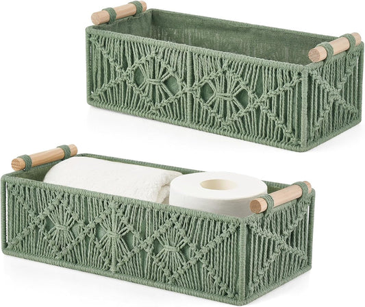 Mkono Macrame Storage Baskets Boho Decor Box Handmade Woven Decorative Countertop Toilet Tank Shelf Cabinet Organizer for Bedroom Livingroom Home, Set of 2, Green