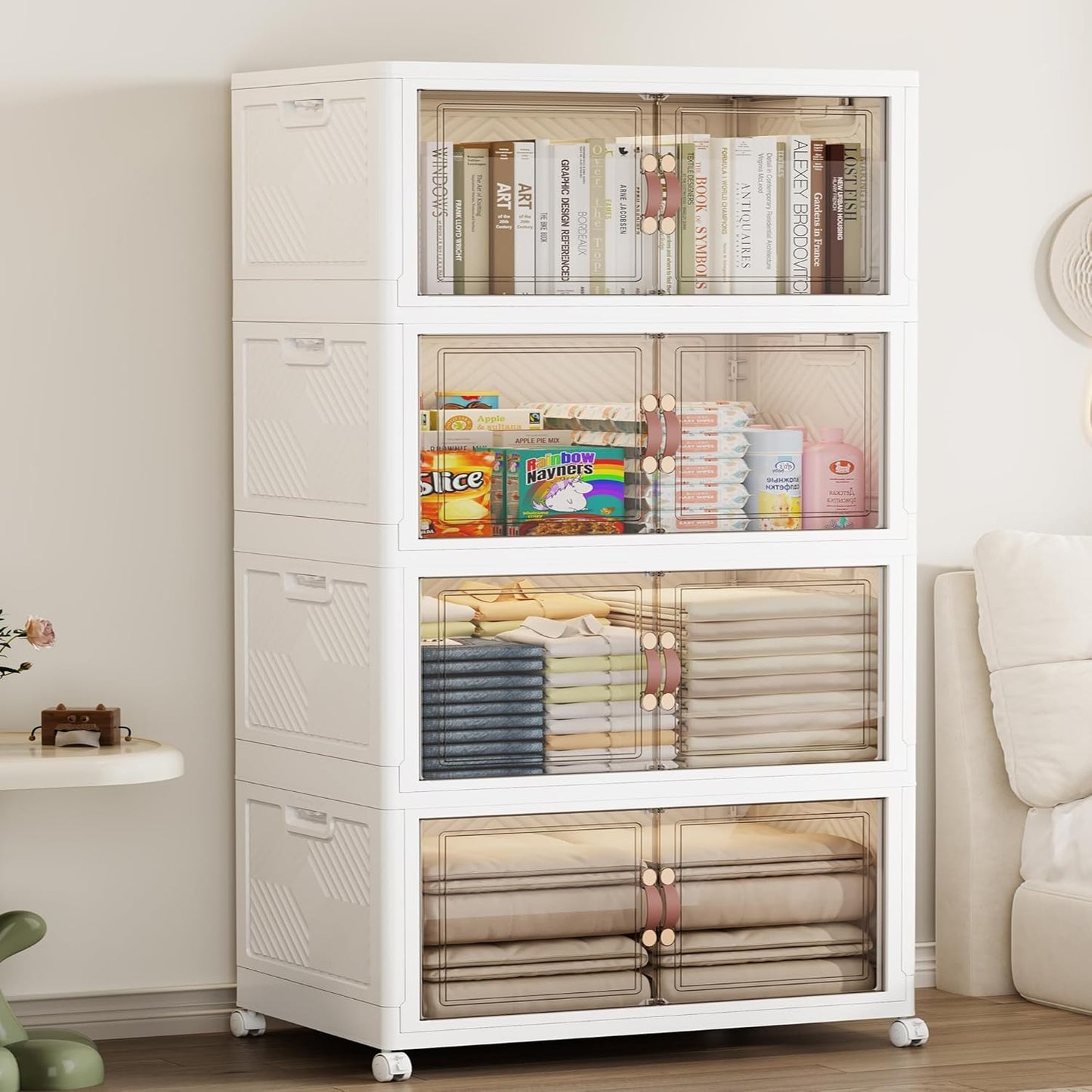 SAILUN 331QT/82 Gal Extra Stackable Storage Bins Large Collapsible Storage Bins with Wheels and Lid, Open Front Folding Closet Organizers and Storage,4Pack 23.6" W x 15" D x 54" H