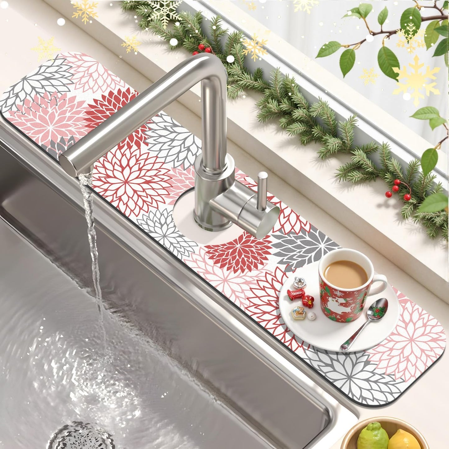 Findosom 2PCS 16" x 24" Dish Drying Mat & 24" x 5.5" Sink Splash Guard, Super Absorbent & Cuttable Dish Mat Drying Kitchen Mat with Red Floral, Hide Stain Drying Mat for Kitchen Counter