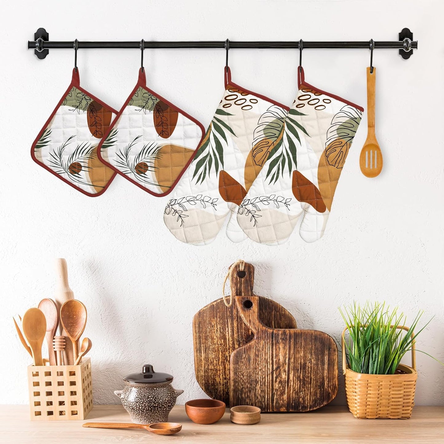 Boho Leaf Oven Mitts and Pot Holders Sets 4Pcs, 100% Cotton Heat Resistant, Extra Long Oven Gloves Potholder for Kitchen Cooking Baking Decoration
