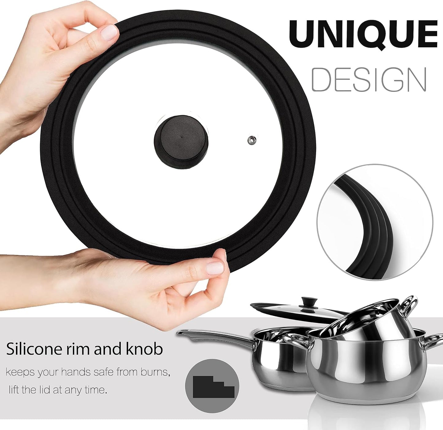 Tempered Glass Lid - Universal Lid with Heat Resistant Silicone Rim for Pots, Pans and Skillets - Pan Cover Replacement Lid Fits 9.5", 10" and 11" Diameter Cookware