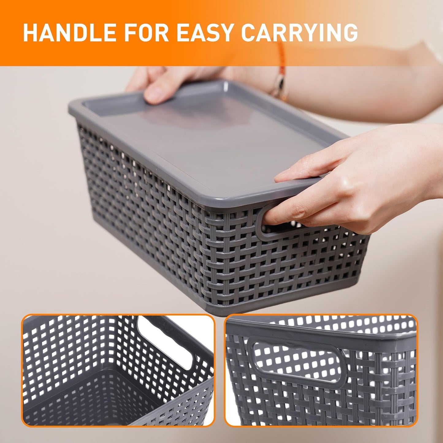 Plastic Storage Baskets With Lid, Storage Bins for Organizing, Stackable Decorative Containers for Shelves Drawers Desktop Closet Playroom Classroom Office, 6 Pack-Grey