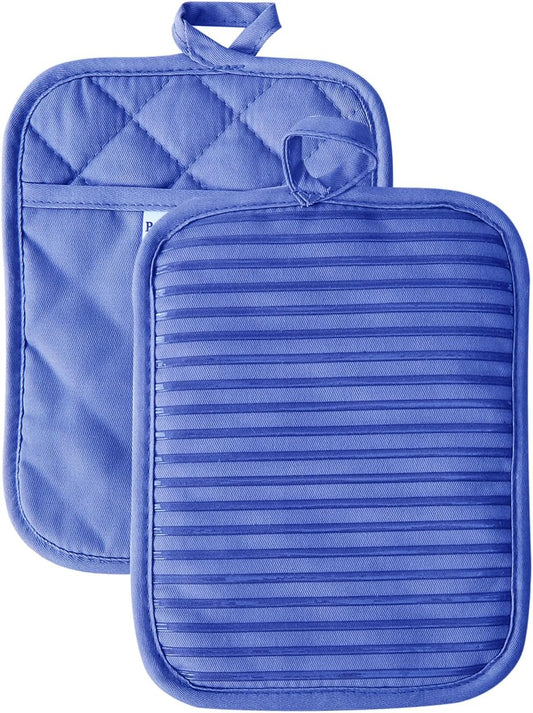 Kitchen Everyday Basic Pot Holder Heat Resistant Coaster Soft Silicone Water Resistant Pot Holder Set Oven Mitts with Pocket, 2 Piece Set, 7"x9" Dark Blue