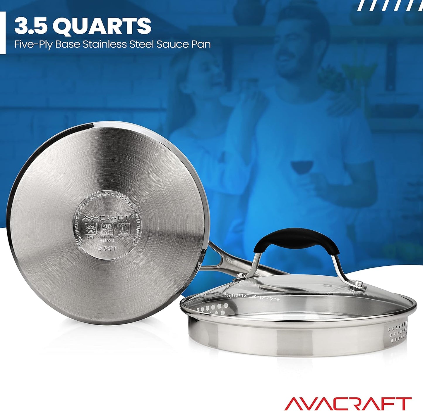 AVACRAFT Stainless Steel Saucepan with Glass Lid, Strainer Lid, Two Side Spouts for Easy Pour with Ergonomic Handle, Multipurpose Sauce Pan, Sauce Pot (5-Ply Capsule Bottom, 3.5 Quart)