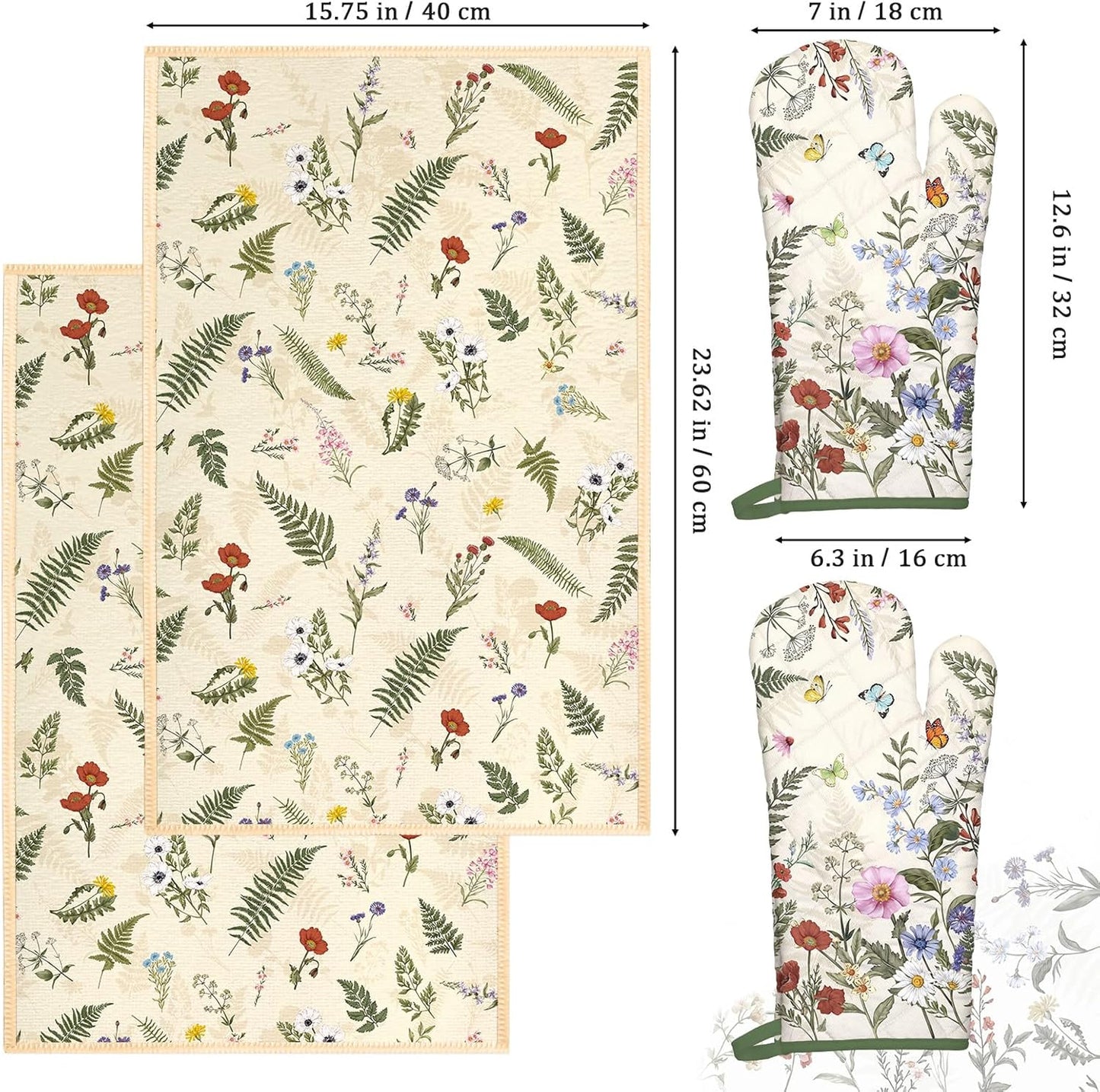 Rustic Flower Kitchen Towels and Oven Mitts Set 4Pcs, Soft Absorbent Dish Cloth Heat Resistant Oven Gloves for Cooking Baking Kitchen Decoration, Gifts for Her