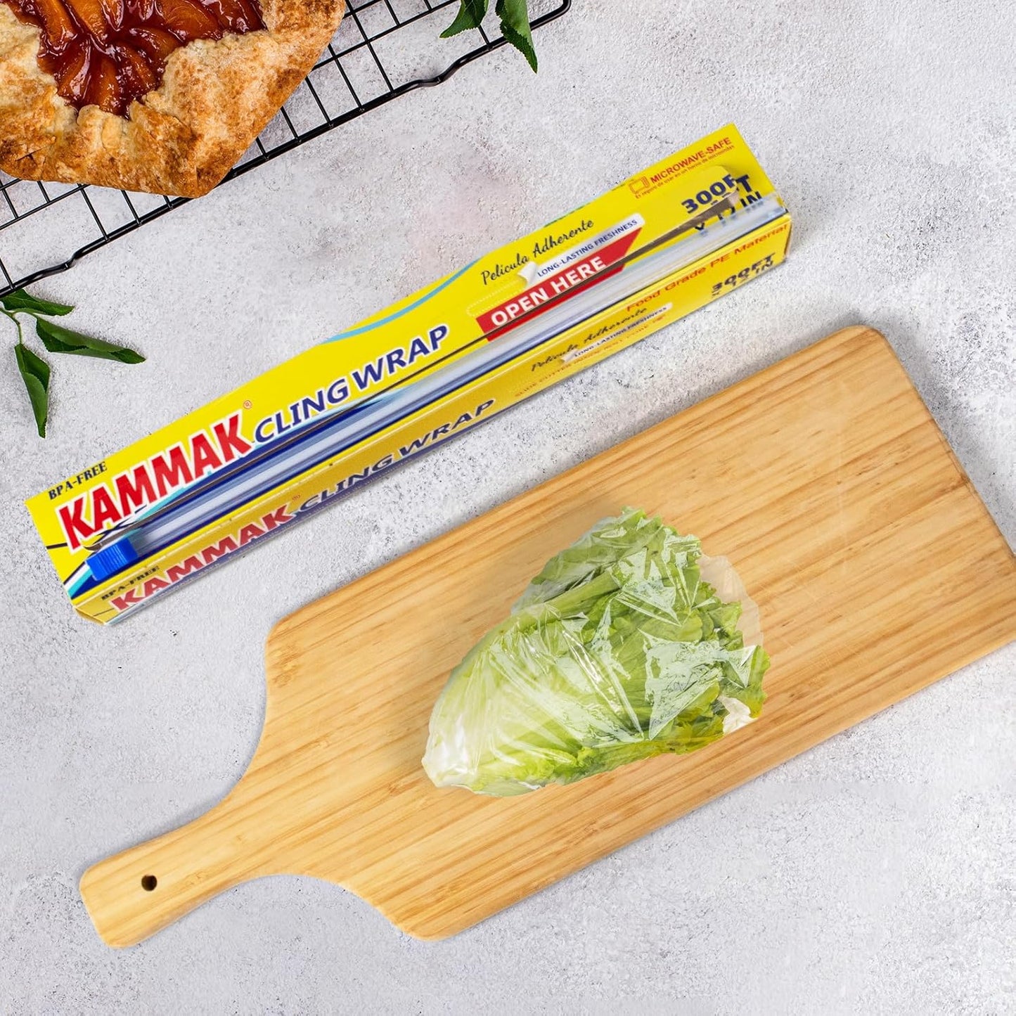 KAMMAK Plastic Wrap with Slide Cutter Food Cling Wrap 12 Inch Kitchen Cling Film BPA-Free Microwave-Safe 300 Ft Roll Food Service Film Quick Cut for Restaurant (2 Pack)