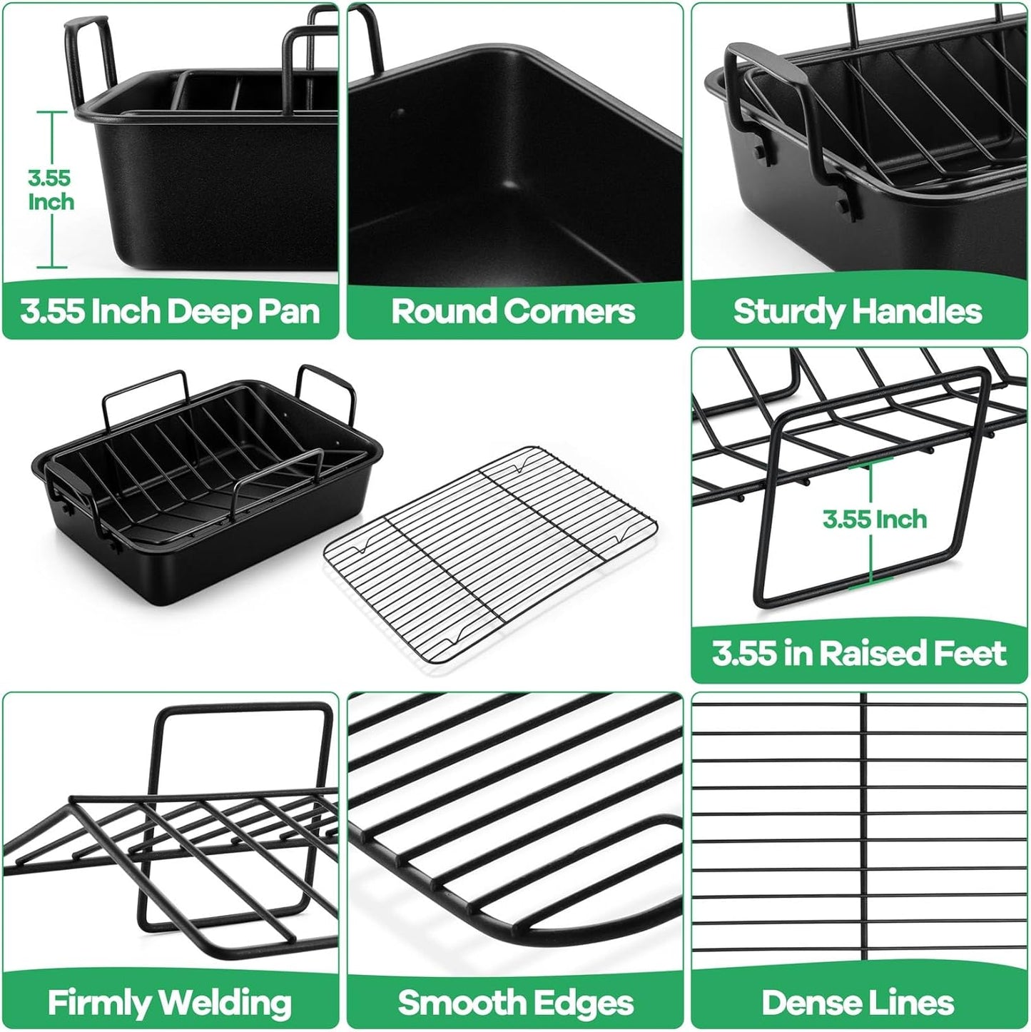 P&P CHEF 14" Roaster Roasting Pan with Baking Rack and V-shaped Rack, Stainless Steel Rectangular Lasagna Pan with Handles for Turkey Chicken, Healthy & Dishwasher Safe, 3 Pieces, Black