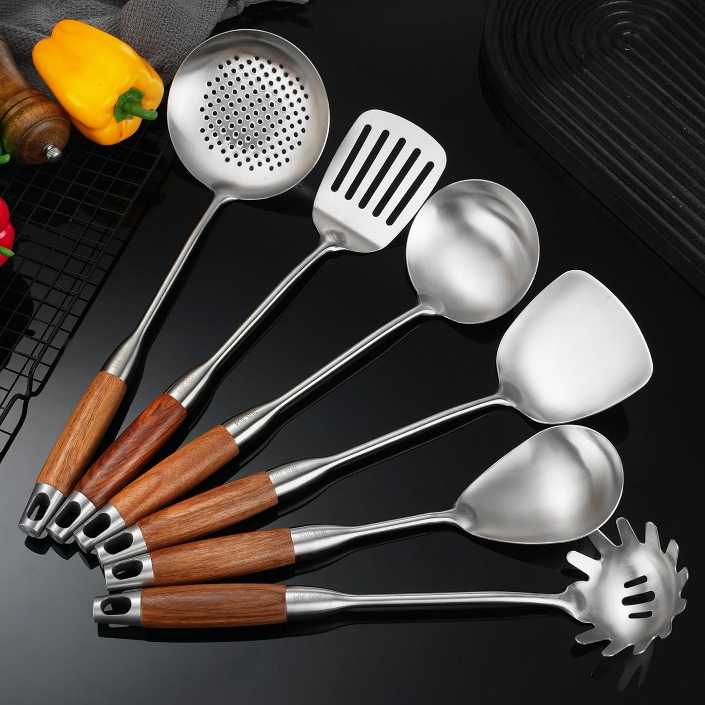 18/10 Stainless Steel Kitchen Utensils Set with Wooden Handle, 6 PCS Professional Cooking Utensils Set 15”, Wok Spatula, Ladle, Skimmer, Slotted Spatula Turner, Spaghetti Spoon, Large Spoon