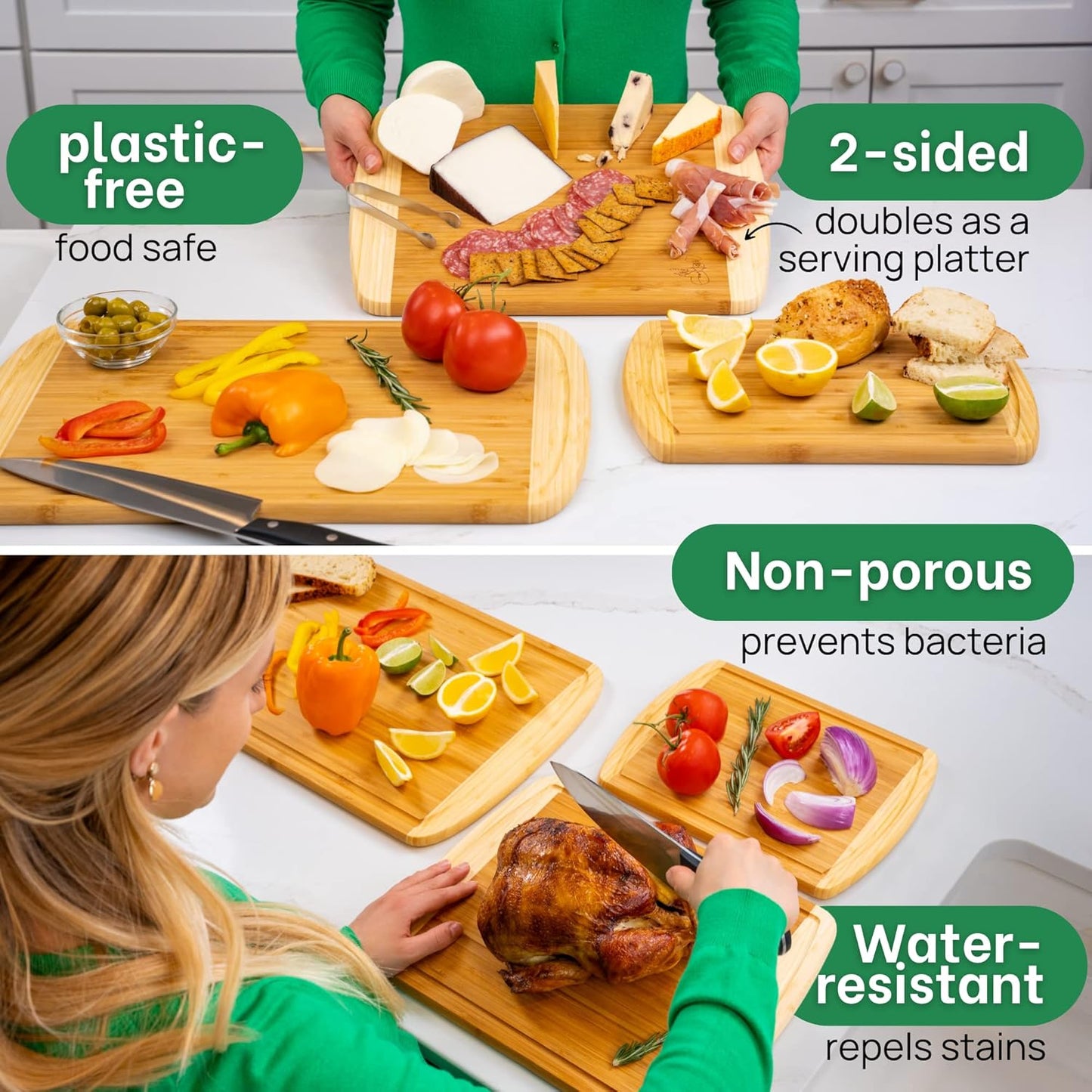 FSC® Certified Extra Large Bamboo Cutting Board Set, Organic Wood Cutting Boards for Kitchen with 67% Larger Surface, Non Toxic Cutting Boards with Lifetime Replacements
