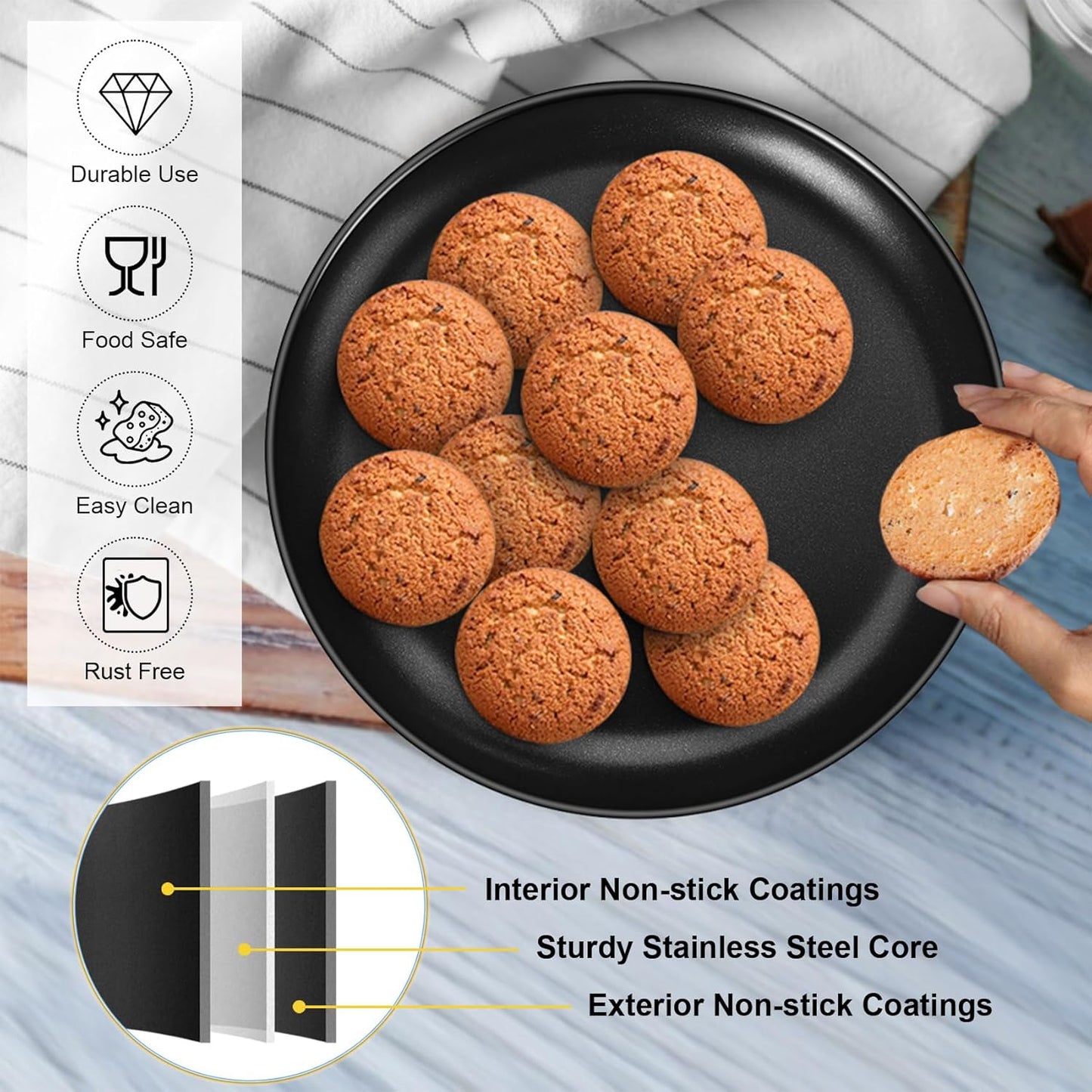 P&P CHEF 13.5 Inch Pizza Pan, 3 Pieces Stainless Steel Round Pizza Tray Dish Plate For Oven Baking Roasting, Healthy & Heavy Duty, Rust Free & Dishwasher Safe -Black