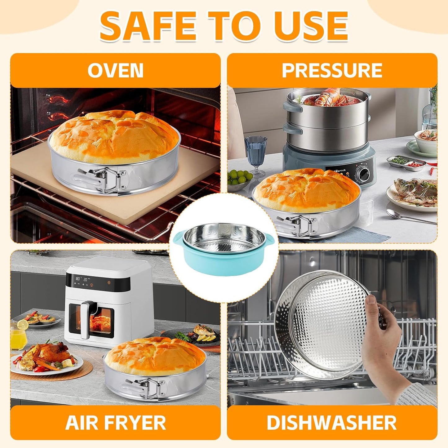 Aufind Springform Cake Pan 9 Inch, 304 Stainless Steel Baking Pan with Removable Bottom, Leakproof Nonstick Design Includes 12 Piping Tips, Silicone Mold and 50 Parchment Papers (9" Cake pan)