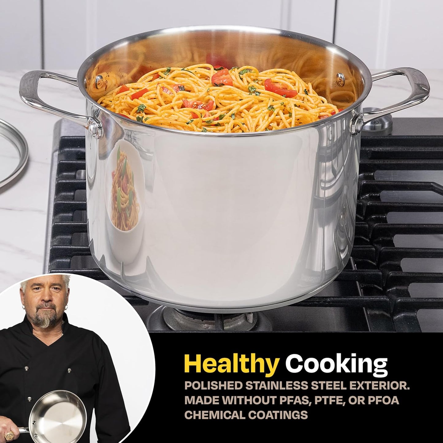 Guy Fieri's Flavortown 8-Quart Stainless Steel Stock Pot with Tempered Glass Lid - Kitchen Cookware with Tri-Ply Base, Oven & Dishwasher Safe, Compatible with Induction, Gas & Electric Stovetops