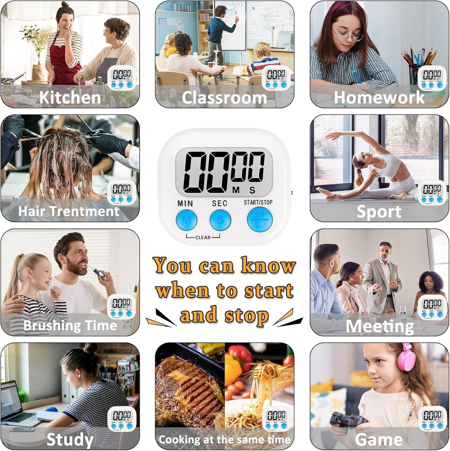 ZILLEEN 6 Pack Kitchen Timers for Cooking Digital Classroom Timers for Teachers Kids White Blue Green