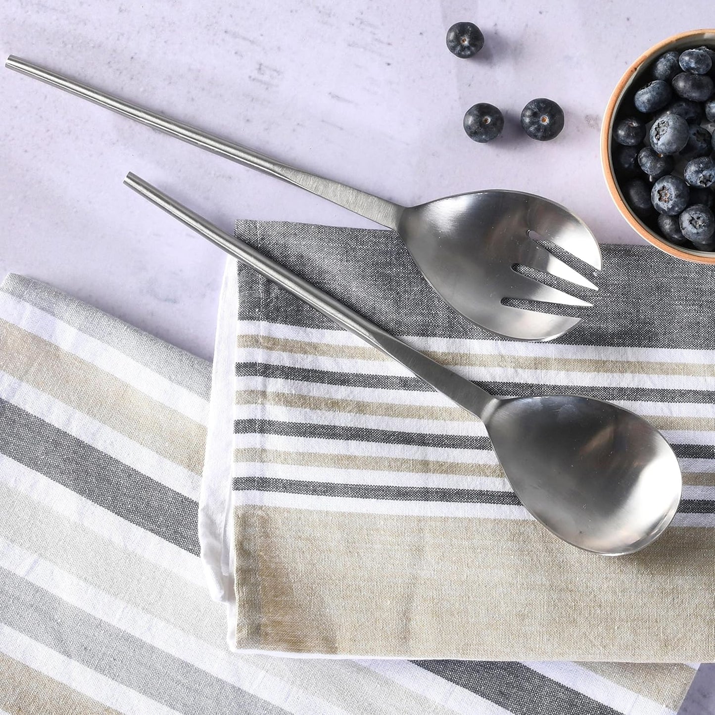 Folkulture Stainless Steel Kitchen Salad Servers or Salad Serving Utensils for Cooking, 12 Inch Salad Tongs, Serving Spoon and Fork Set for Salad, Gravies or Pasta, Silver Finish