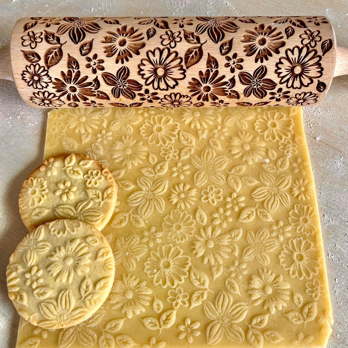 FLOWER MIX Embossing Rolling Pin with Flowers Pattern. Dough and Clay Roller for Embossed Cookies and Pottery. Cookie and Ceramic Stamp. Backing Gifts for Women by Algis Crafts