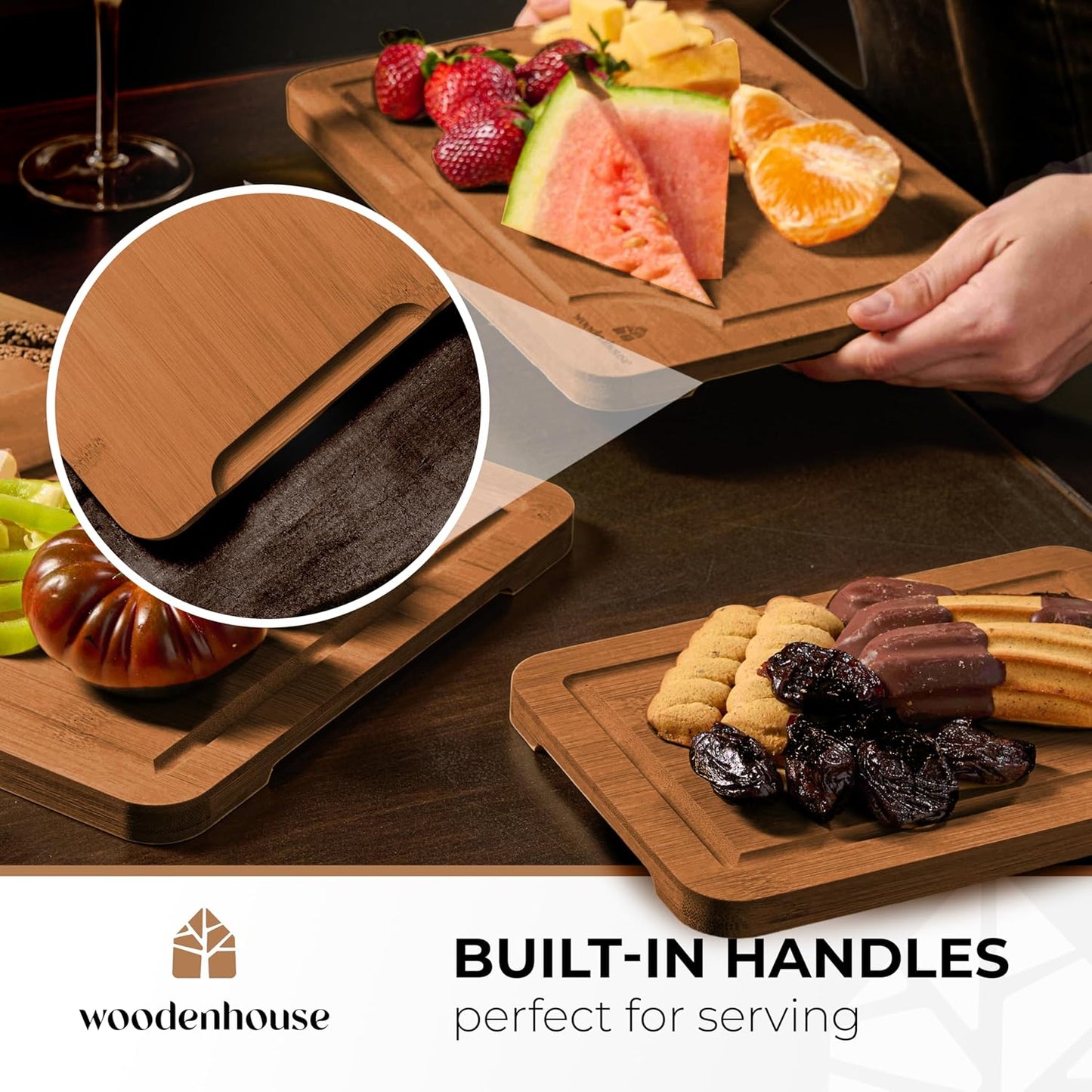 Wood Cutting Boards Set of 3 – Thick & Sturdy Bamboo Cutting Board with Deep Juice Grooves & Build-in Handles, Large Surface, Easy to Clean – for Meat, Vegetables and Fruits
