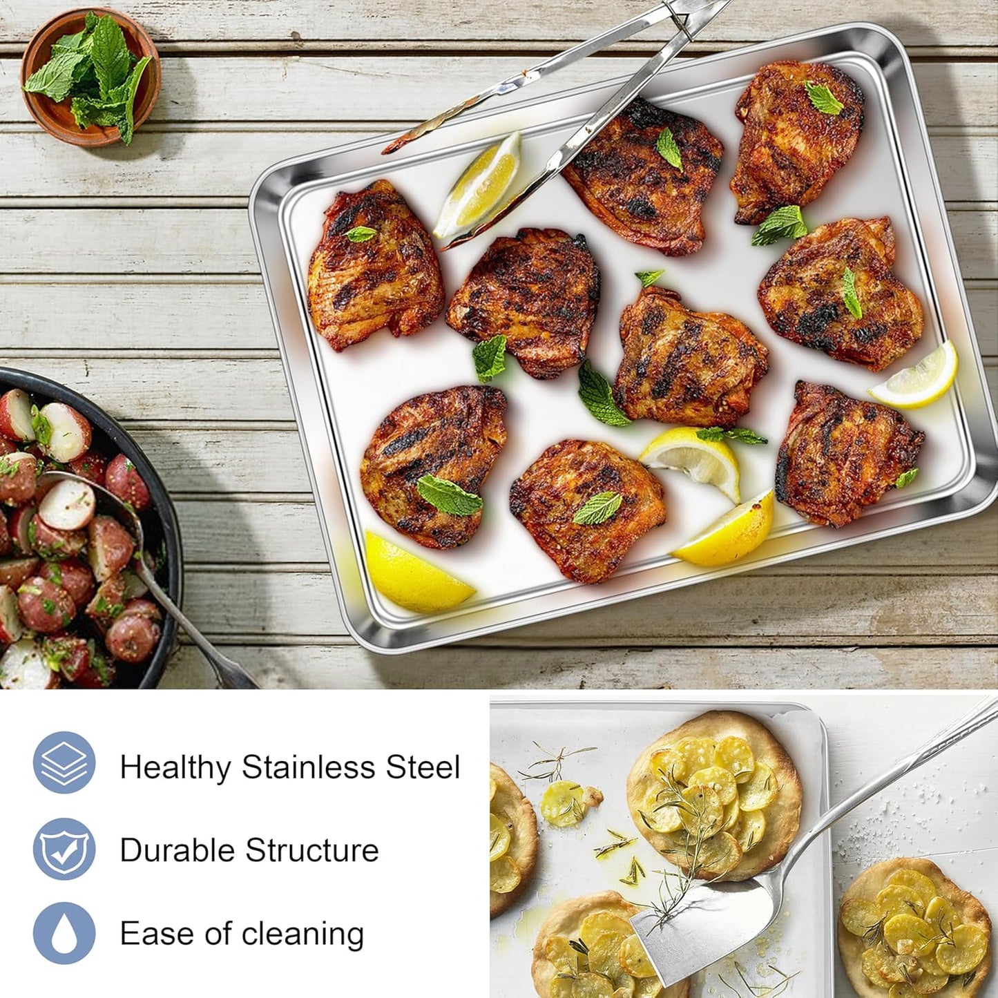 E-far Stainless Steel Baking Sheets, 12.4” x9.7” x 1” Baking Cookie Sheets Pans for Oven, Non-toxic Metal Trays for Cake Cookies, Healthy & Rust Free, Mirror Finish & Dishwasher Safe, 2 Pack