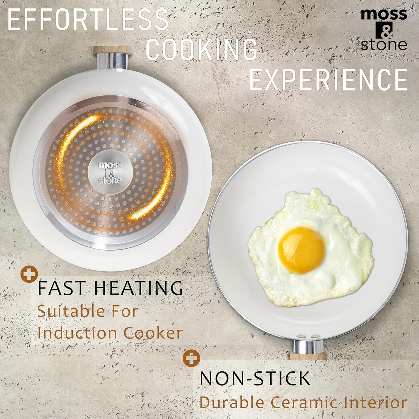 Moss & Stone 6 Pcs White Nonstick Cookware Set, Pots And Pans Set Non stick With Glass Lid, Induction Cookware, Stay-Cool Handle PTFE/PFOA Kitchen Pots 6-Piece with Frying Pans & Saucepan