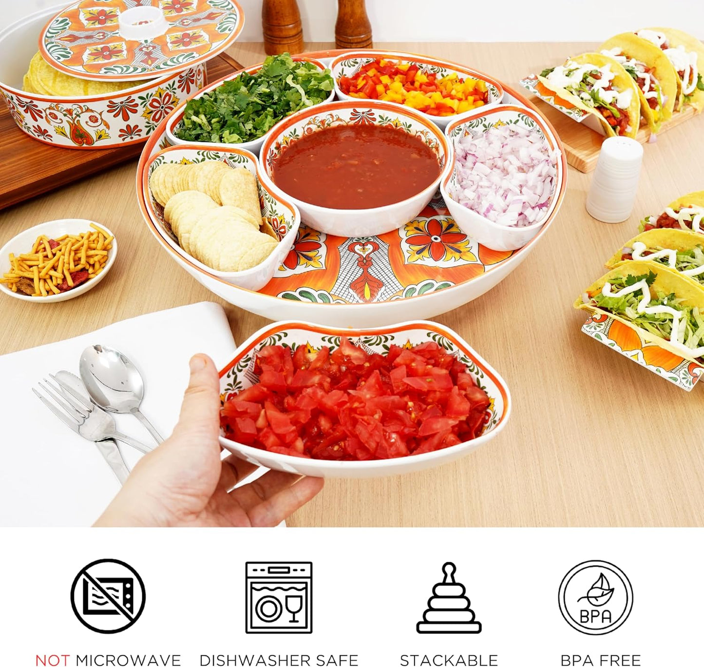 TP Taco Bar Serving Set, Melamine Serving Platter with Lazy Susan, Serving Tray and Bowls, Taco Tuesday Kit Snack Holder for Party and Fiesta, Talavera Bloom