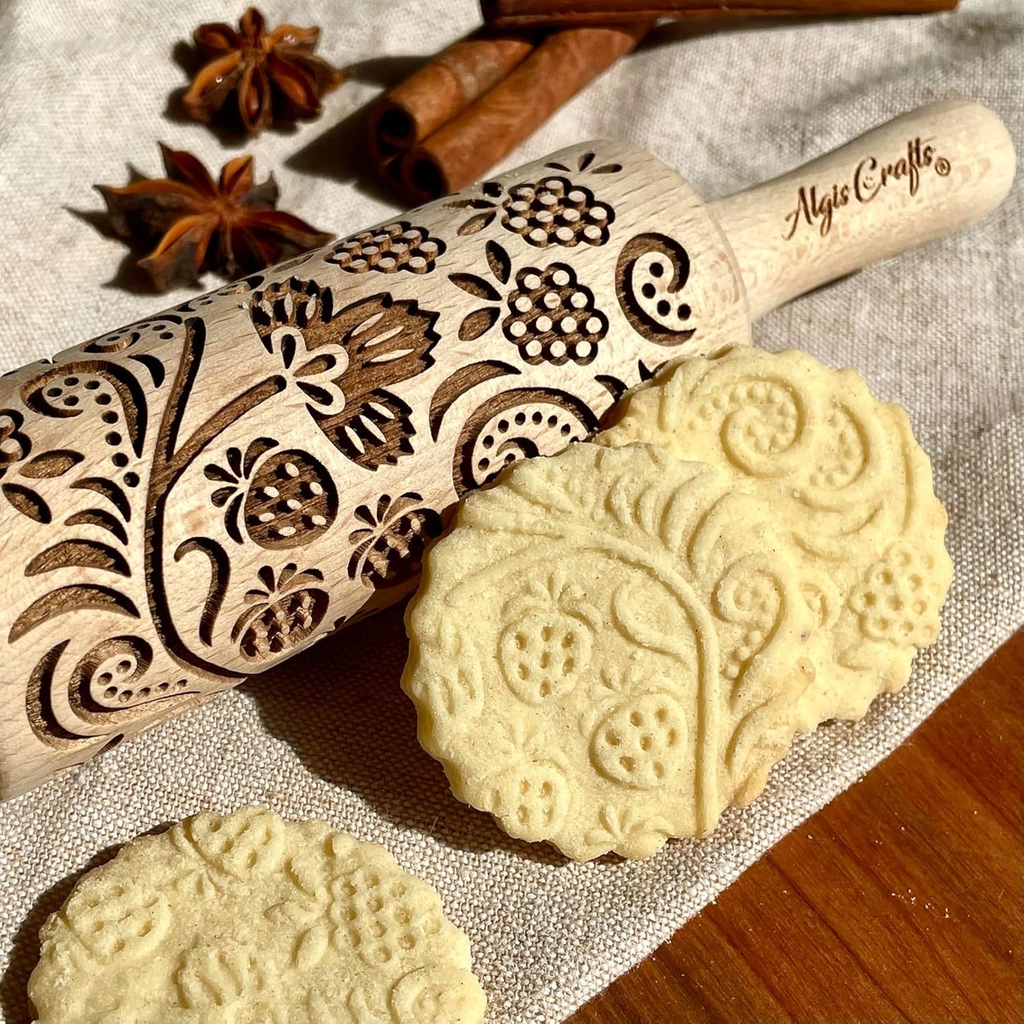 STRAWBERRY embossing rolling pin. Engraved wooden embossed dough roller for embossed cookies or clay by Algis Crafts