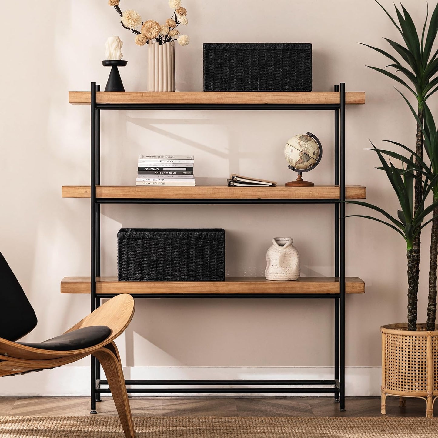 UBBCARE 3 Pack Wicker Basket, 13.4L×8.3H×7.1W inch Woven Paper Rope Storage Baskets for shelves, Foldable Rectangular Storage Baskets with Handle, Storage Basket for Organizing, Black