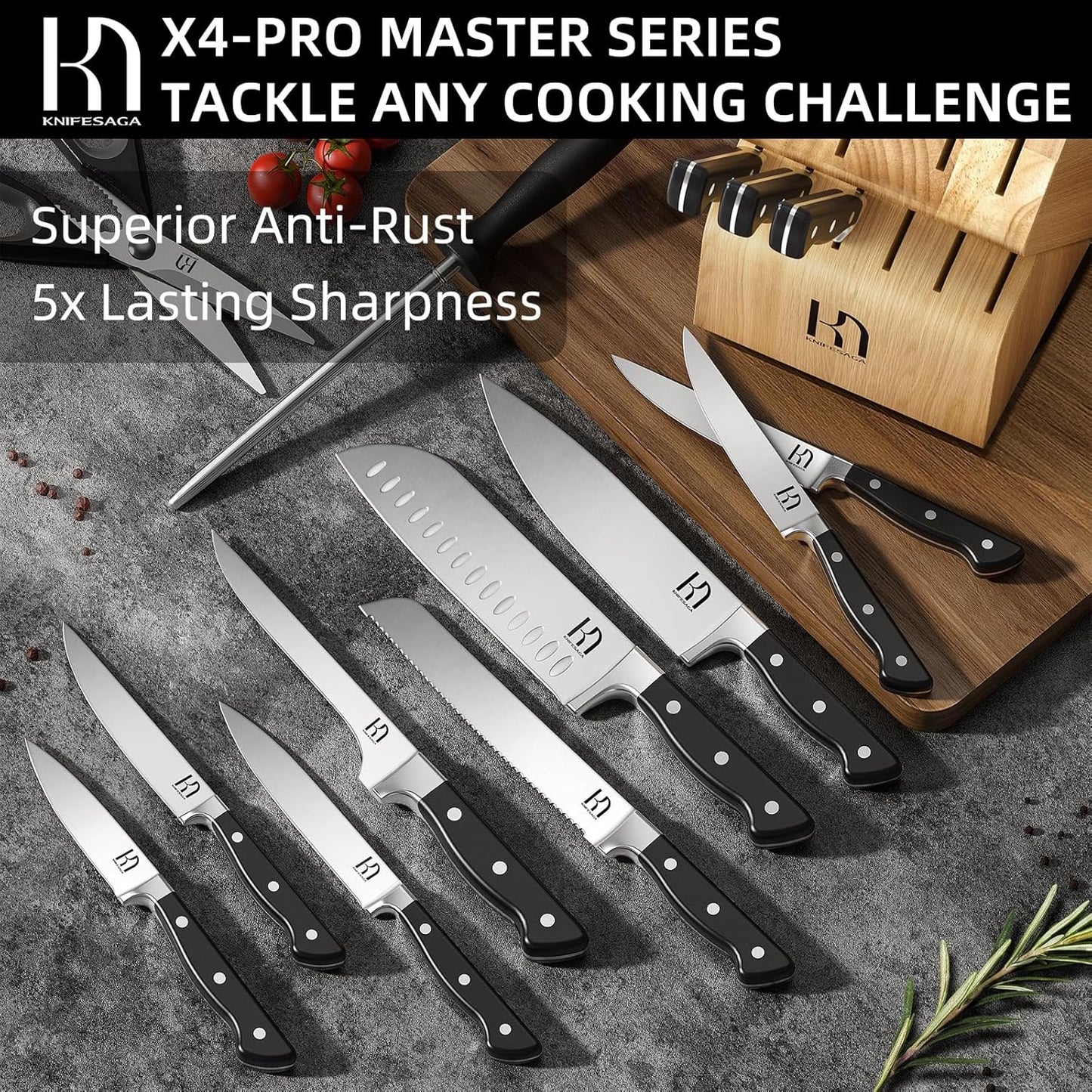 Knife Set, 15 Pcs Kitchen Knife Block Set, Enduring Razor-Sharp Japanese High Carbon Stainless Steel Chef Knife Set with Block and Sharpener, Premium Knives Set for Kitchen, Black Natural Wood